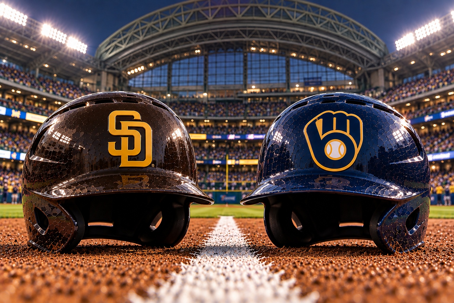 Padres vs. Brewers Helmet Showdown San Diego Padres at Milwaukee Brewers NL Division Series Game 1 matchup graphic with total pick and analysis from Joe Jensen