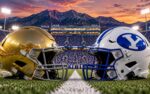 Notre Dame Fighting Irish at BYU Cougars college football Week 8 top-10 matchup graphic with spread pick and analysis from Mike Mann