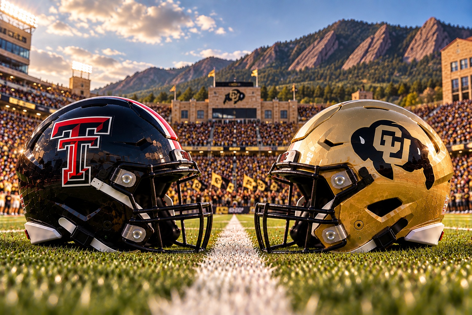 Rival Helmets at Golden Hour Texas Tech Red Raiders at Colorado Buffaloes college football Big 12 matchup graphic with spread pick and analysis from Joe Jensen
