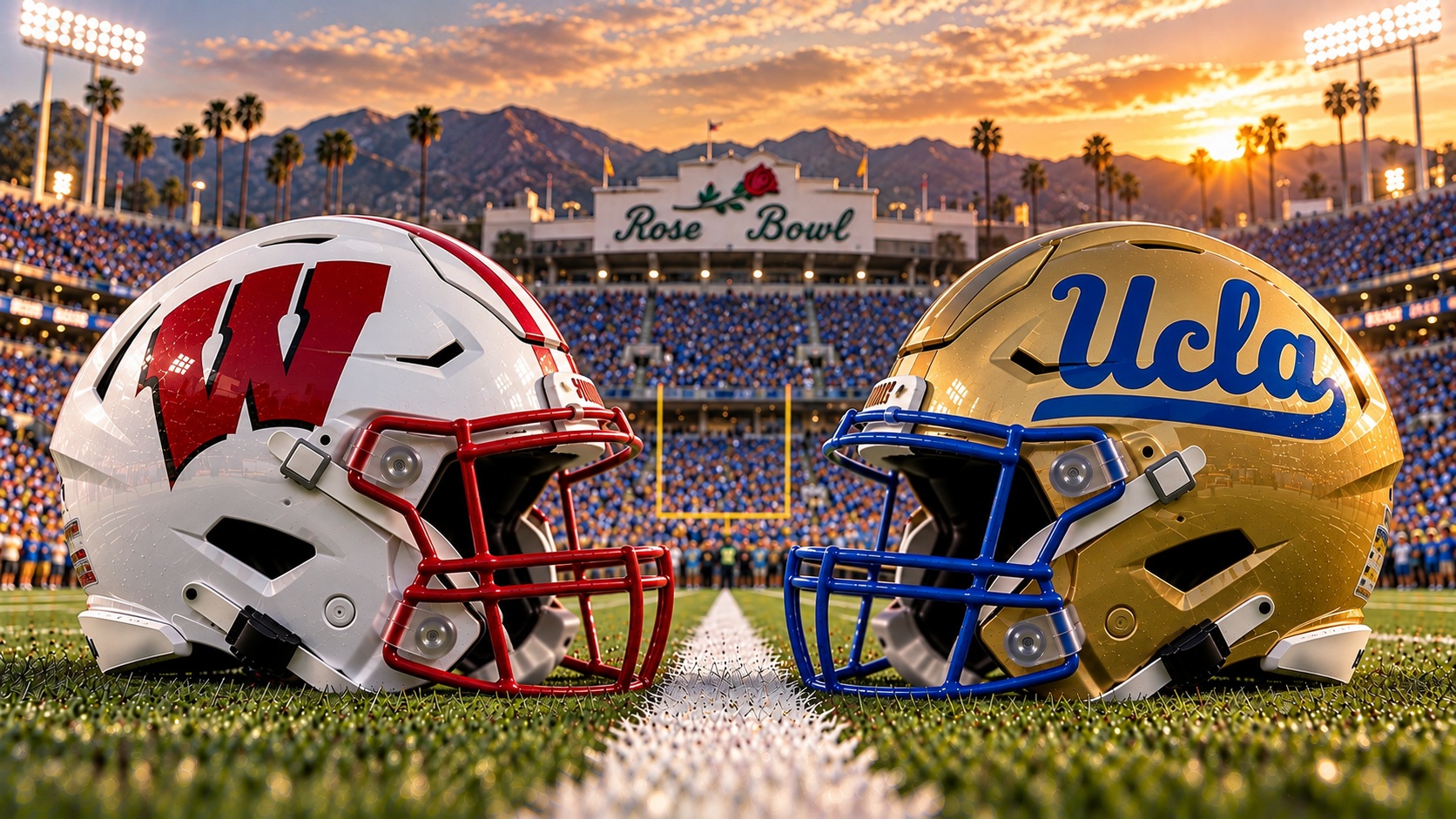 Wisconsin Badgers vs UCLA Bruins Rose Bowl Upset Pick Wisconsin and UCLA helmets set at midfield of the Rose Bowl in Pasadena as the San Gabriel Mountains fade into dusk