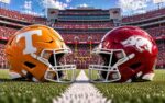 Tennessee Volunteers at Arkansas Razorbacks SEC college football matchup graphic with total pick and analysis from Joe Jensen