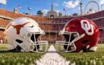 Texas Longhorns vs Oklahoma Sooners Red River Rivalry matchup graphic with total pick and analysis from Joe Jensen