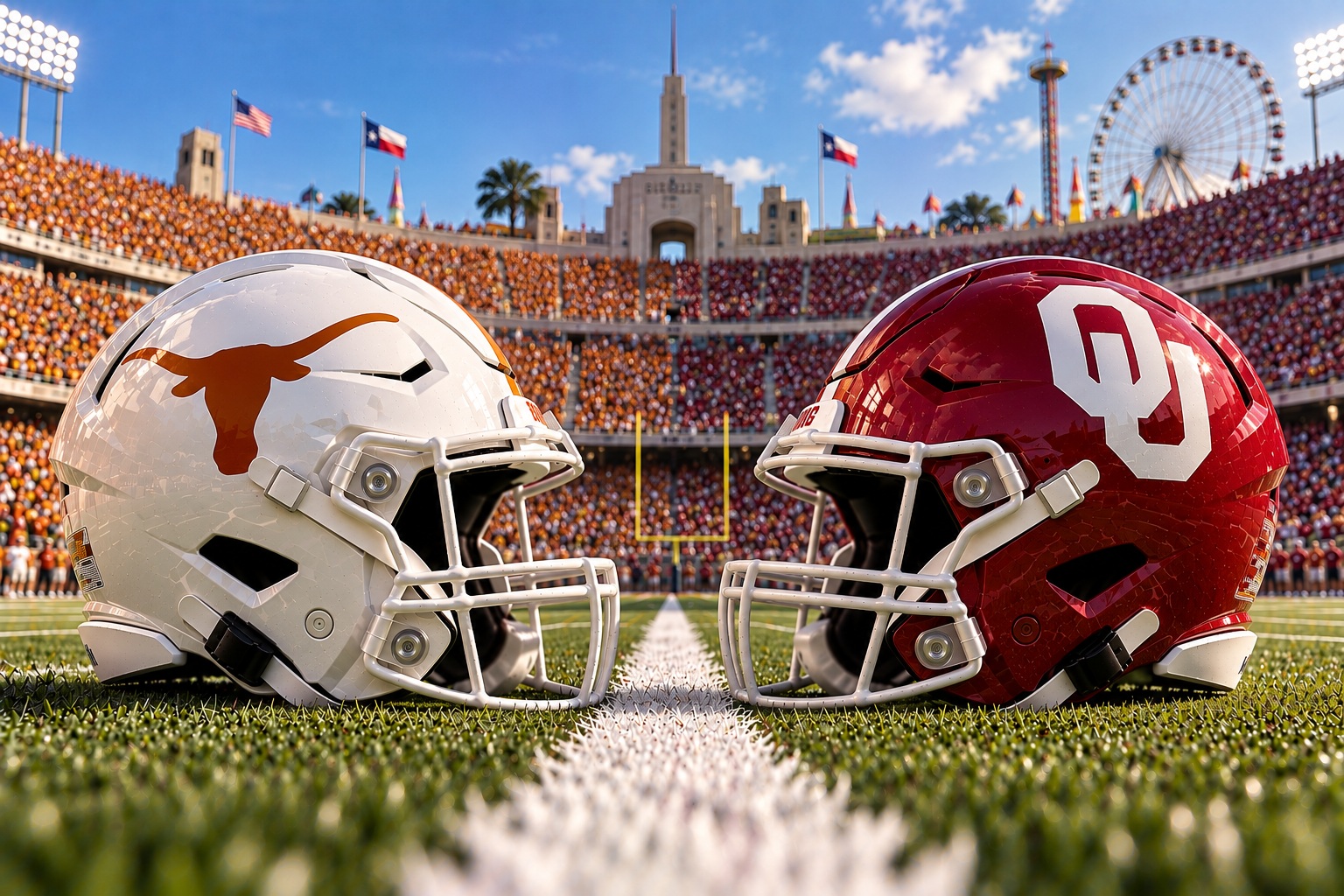 Texas Longhorns vs Oklahoma Sooners Red River Rivalry matchup graphic with total pick and analysis from Joe Jensen